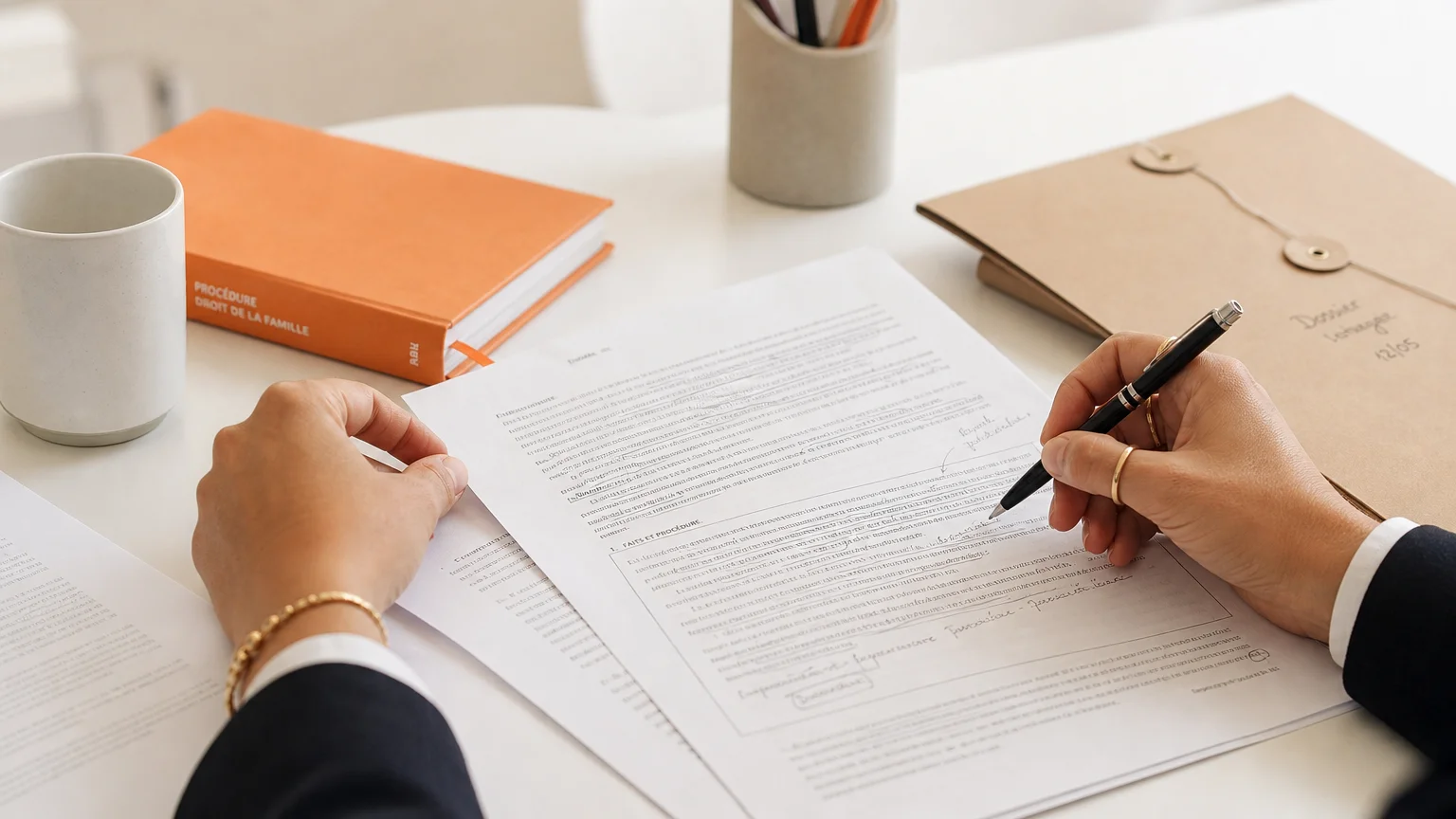 Gros plan sur des mains consultant et annotant des documents juridiques liés à un divorce.