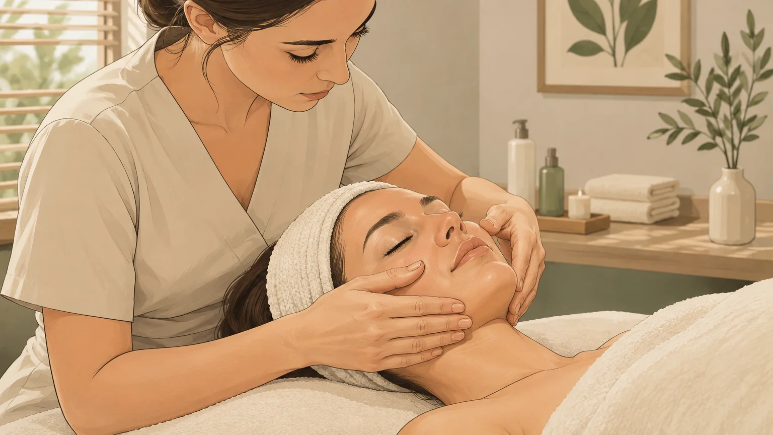 Gestes manuels d’un massage facial japonais dans une cabine de soin