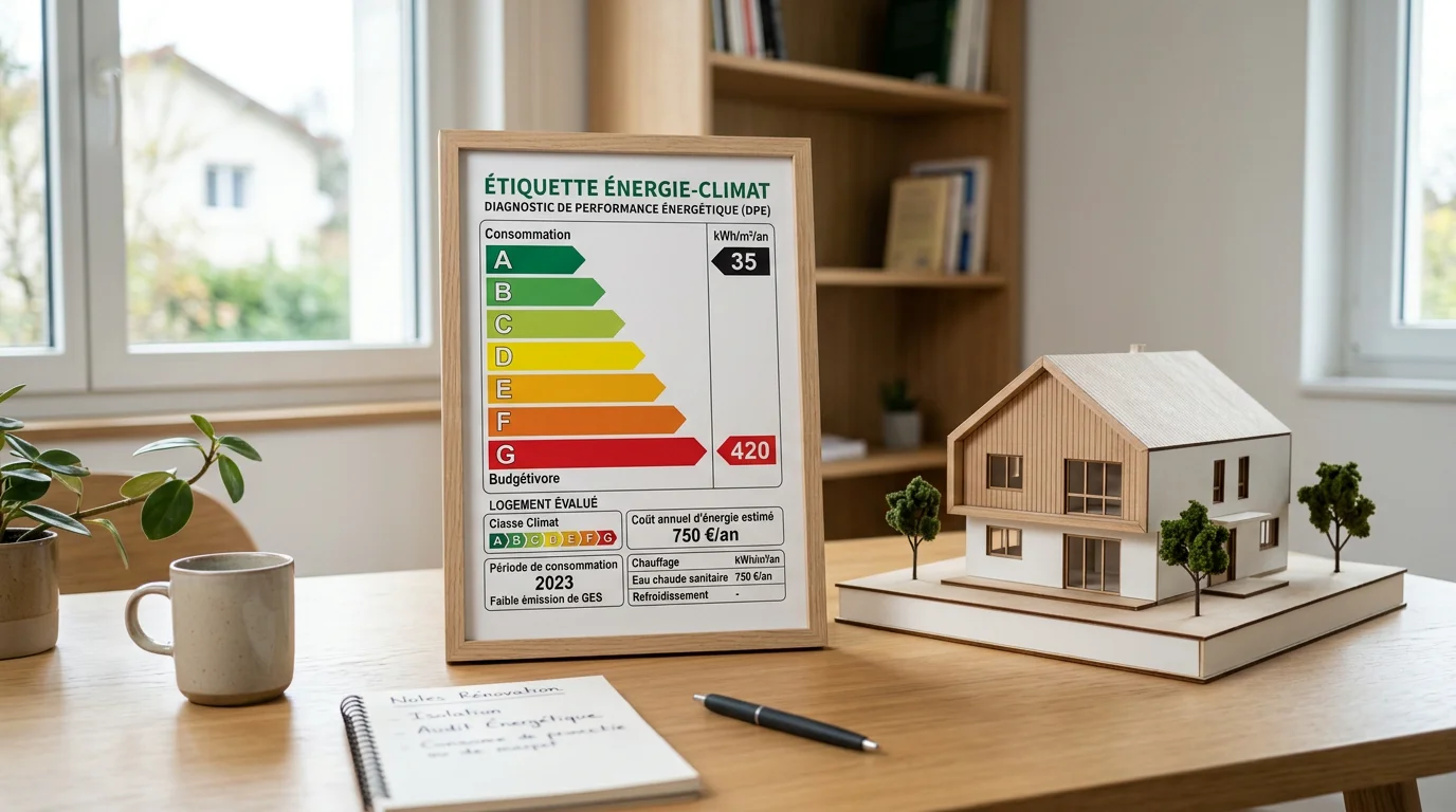 Étiquette énergétique DPE de A à G posée à côté d'une maquette de maison