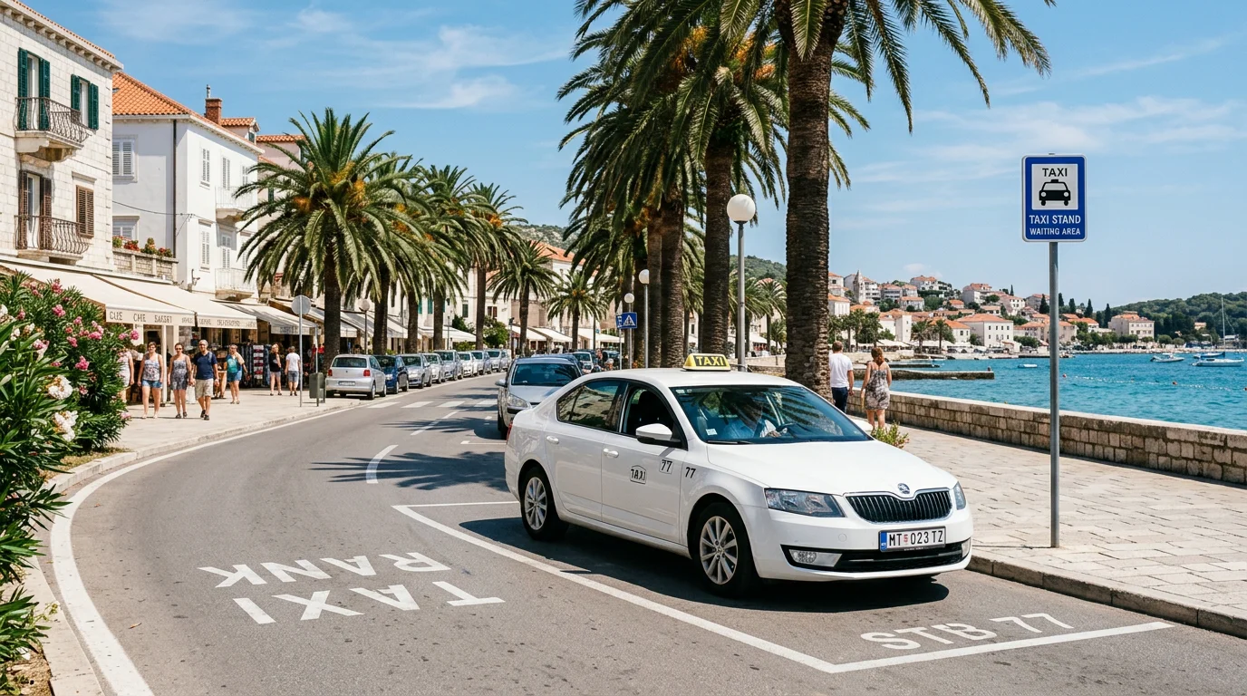 White sedan taxi waiting at a taxi rank on a palm-lined Mediterranean boulevard