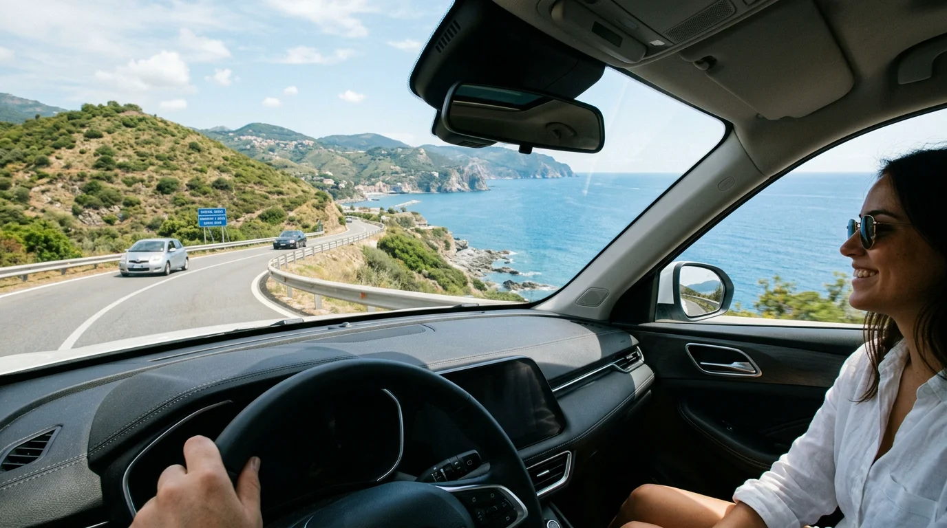 View of a Mediterranean coastal motorway seen from inside a modern electric SUV