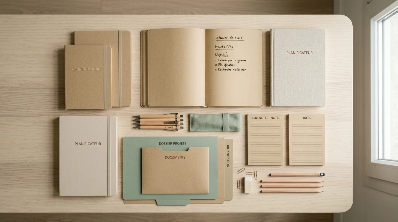 Carnets, stylos et blocs-notes personnalisables disposés sur un bureau