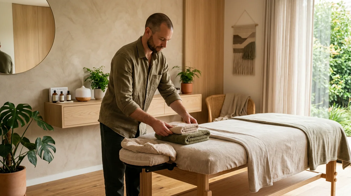 Praticien de massage préparant son espace de soin
