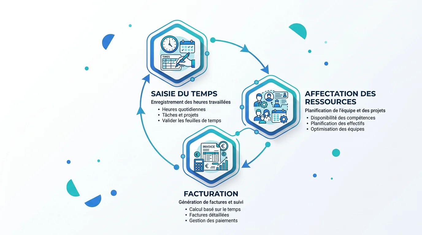 Schéma reliant saisie des temps, staffing et facturation dans un flux unique