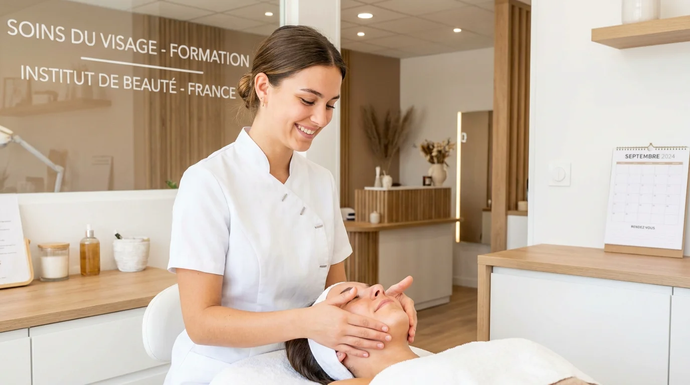 Apprentie en esthétique réalisant un soin du visage en institut de beauté