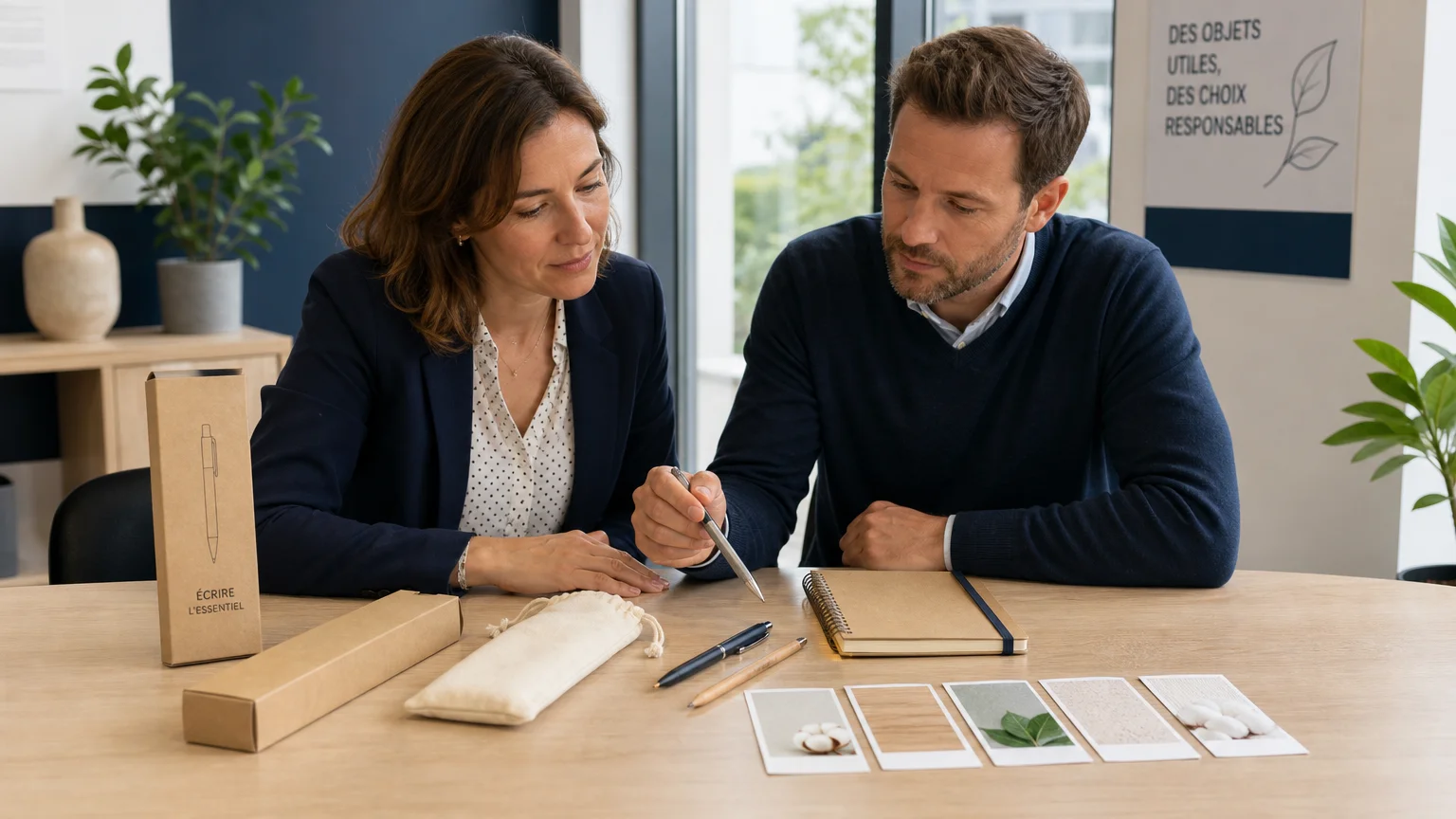 Professionnels choisissant les matières d’un pack d’écriture publicitaire