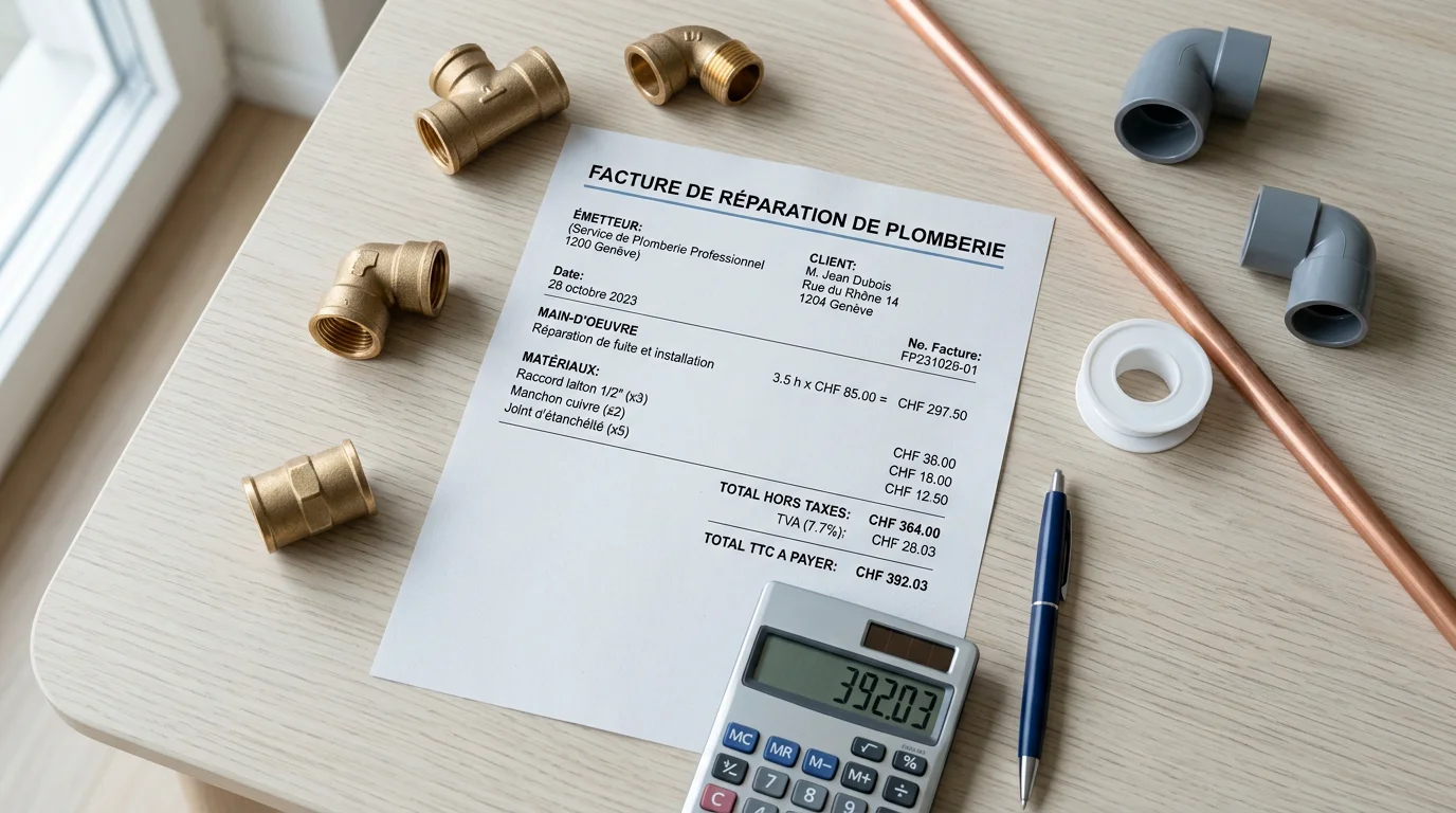 Facture de plomberie, calculatrice et pièces posées sur une table