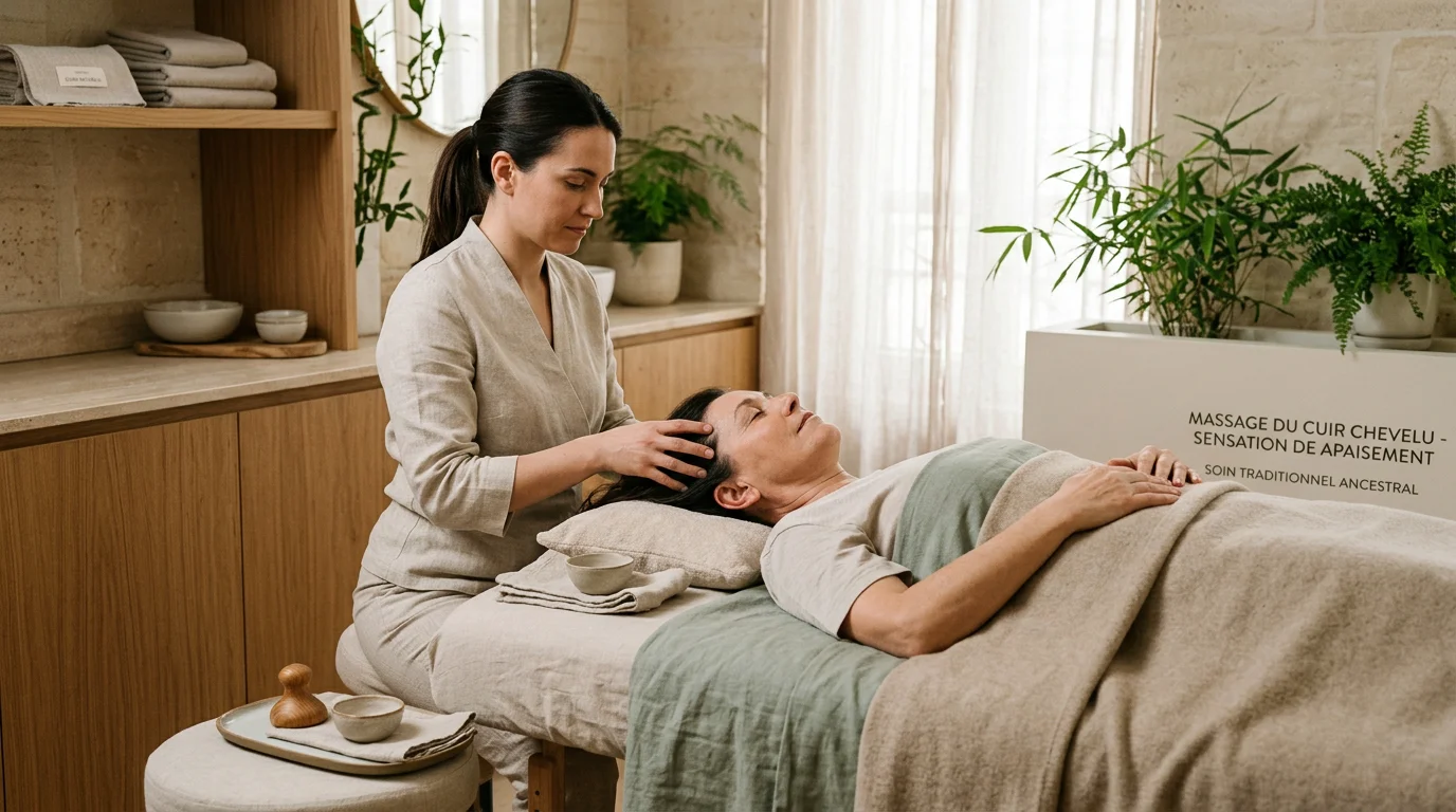 Praticienne réalisant un soin head spa japonais sur une cliente détendue