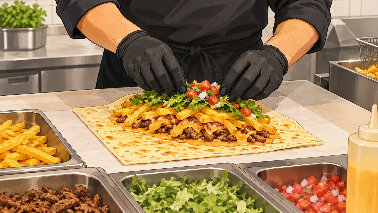 Assemblage d’un French taco à la commande dans une cuisine