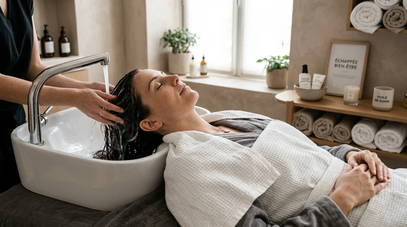 Femme détendue recevant un soin head spa dans un institut moderne