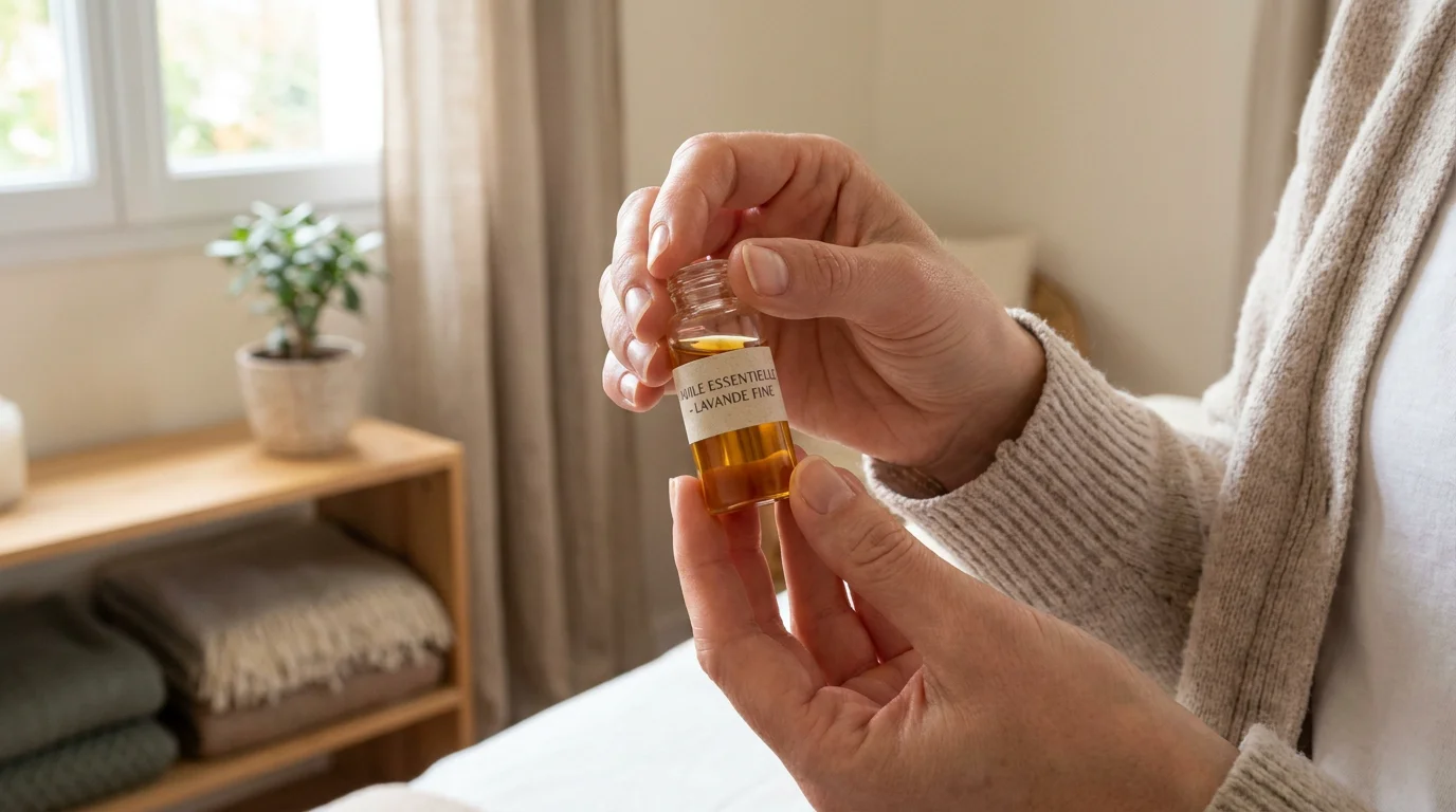 Mains de thérapeute tenant un flacon d'huile essentielle dans un cabinet de soins holistiques