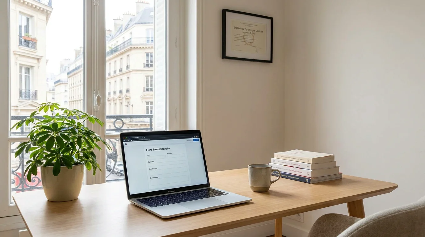 Cabinet de thérapeute avec ordinateur portable ouvert sur une fiche professionnelle locale