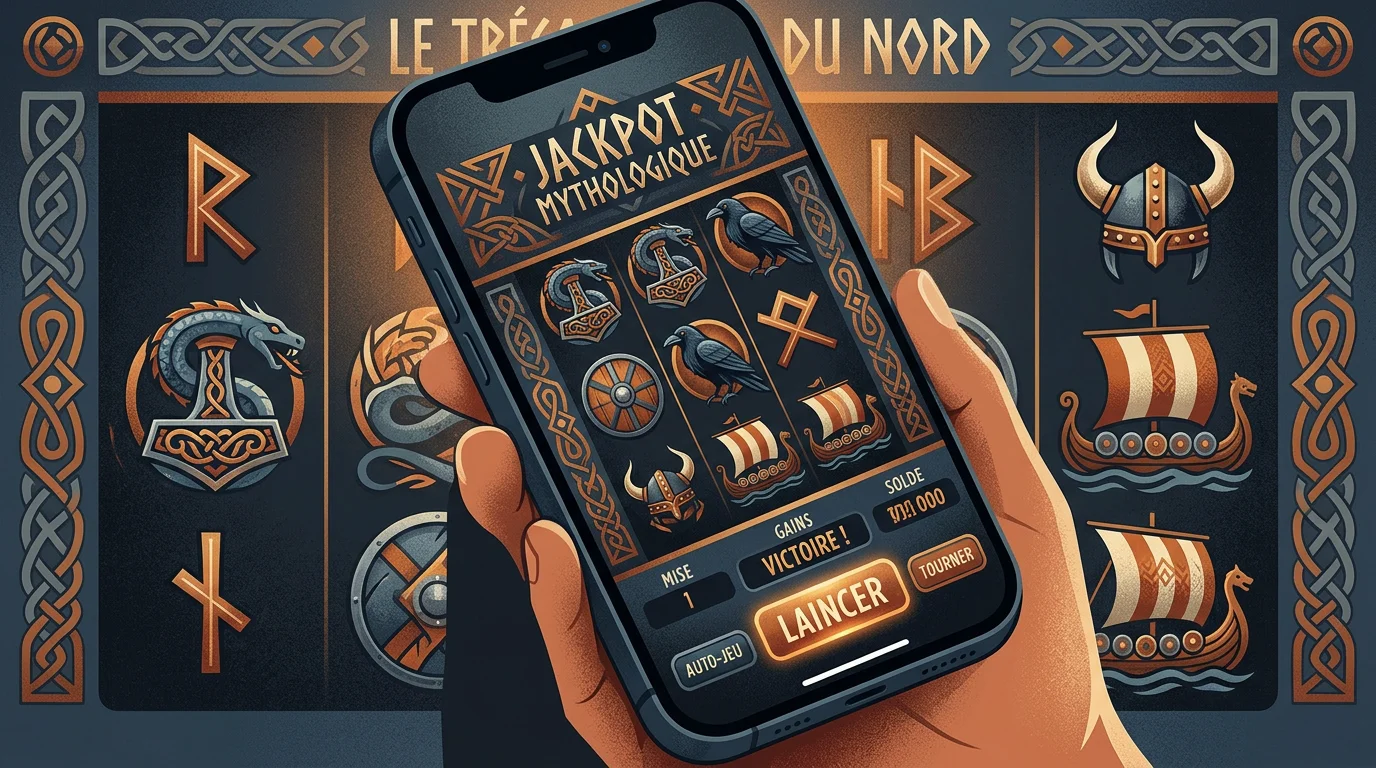 Smartphone affichant une machine à sous à thème nordique