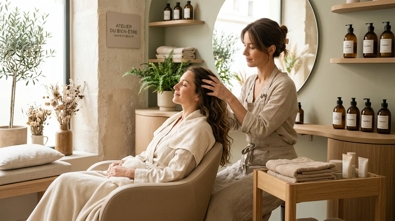 Massage du cuir chevelu prodigué à une cliente dans un salon de coiffure