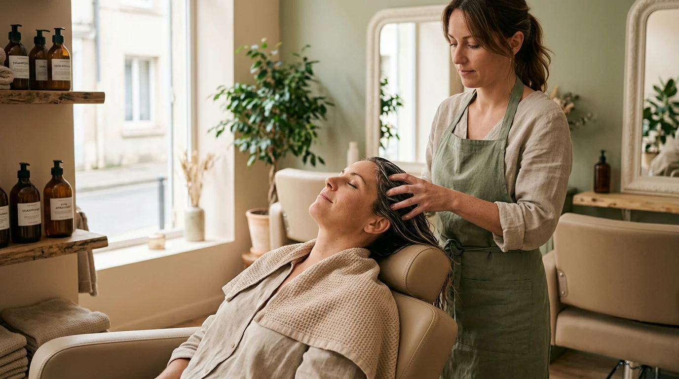 Une cliente détendue reçoit un massage du cuir chevelu dans un salon de coiffure