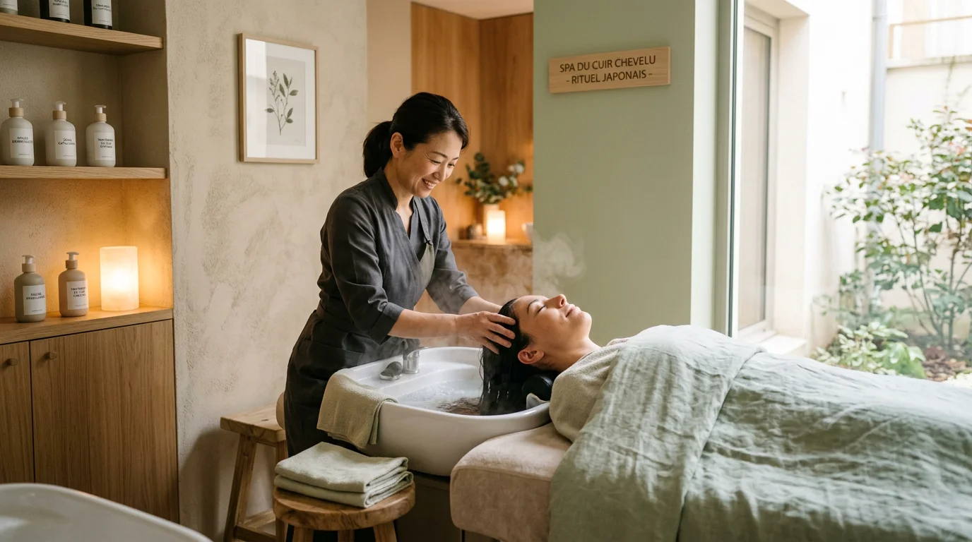 Un soin head spa japonais pratiqué dans un salon de coiffure moderne