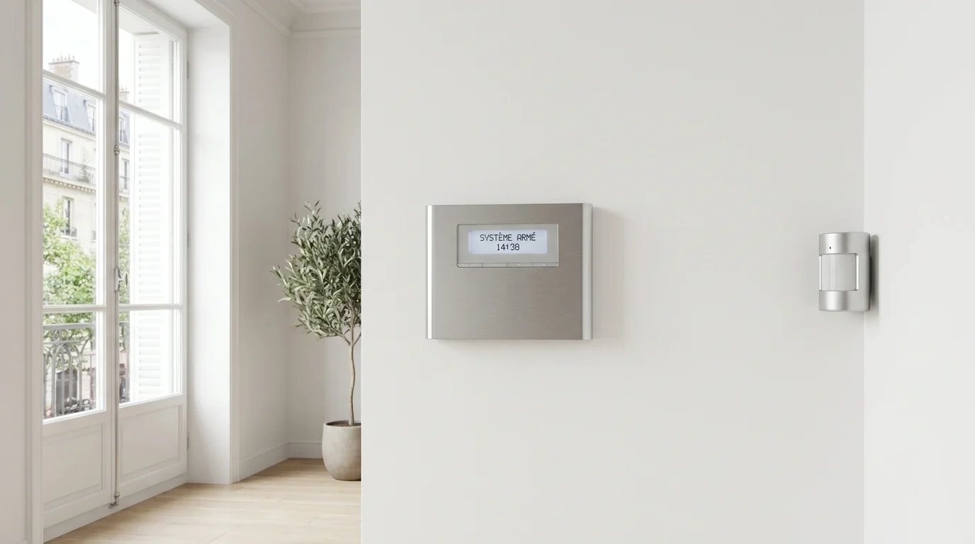 Centrale d'alarme sans fil moderne installée dans un intérieur français