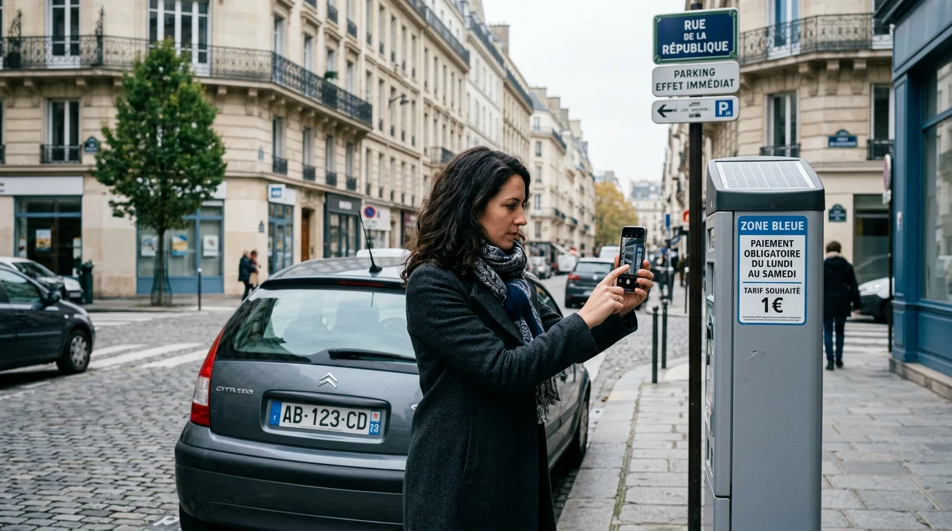 Automobiliste photographiant un horodateur pour constituer une preuve de stationnement