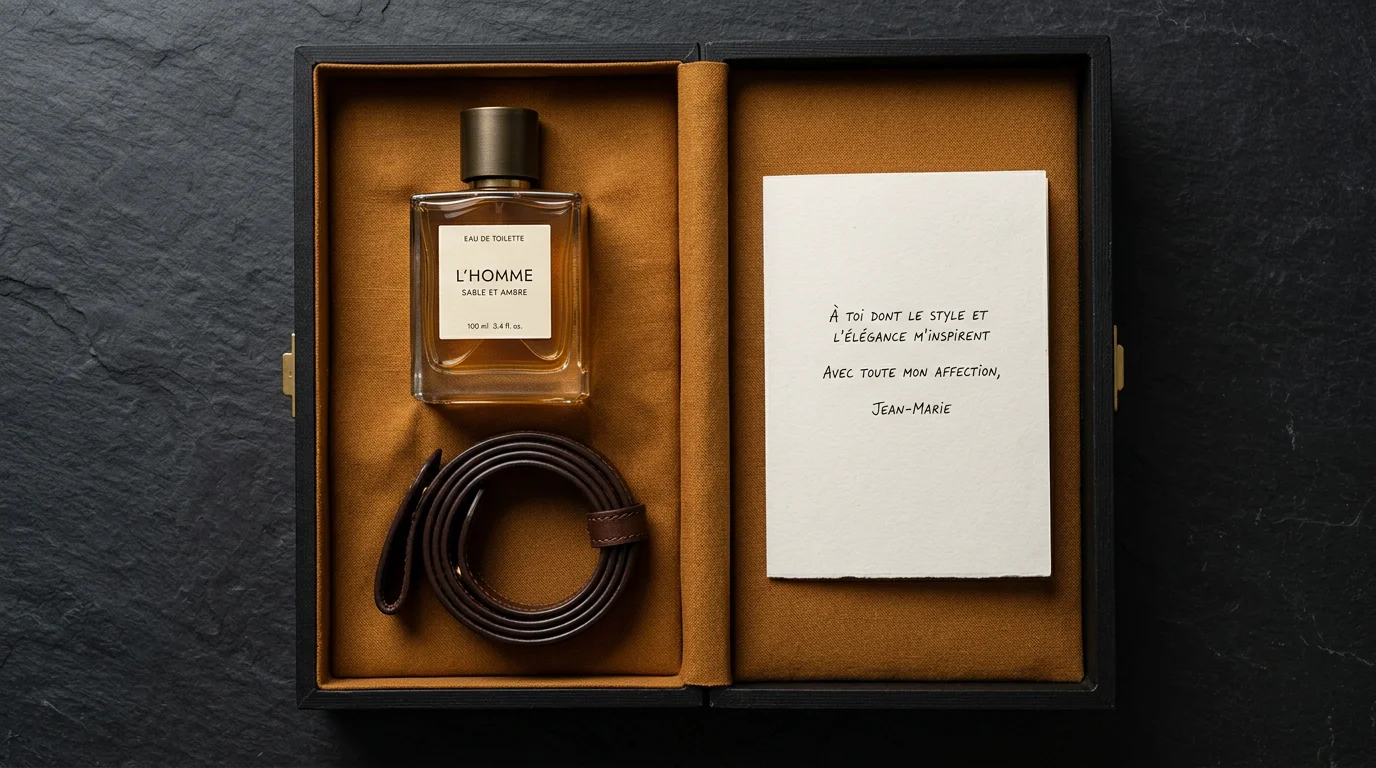 Coffret cadeau de luxe pour homme présenté sur une surface sombre élégante