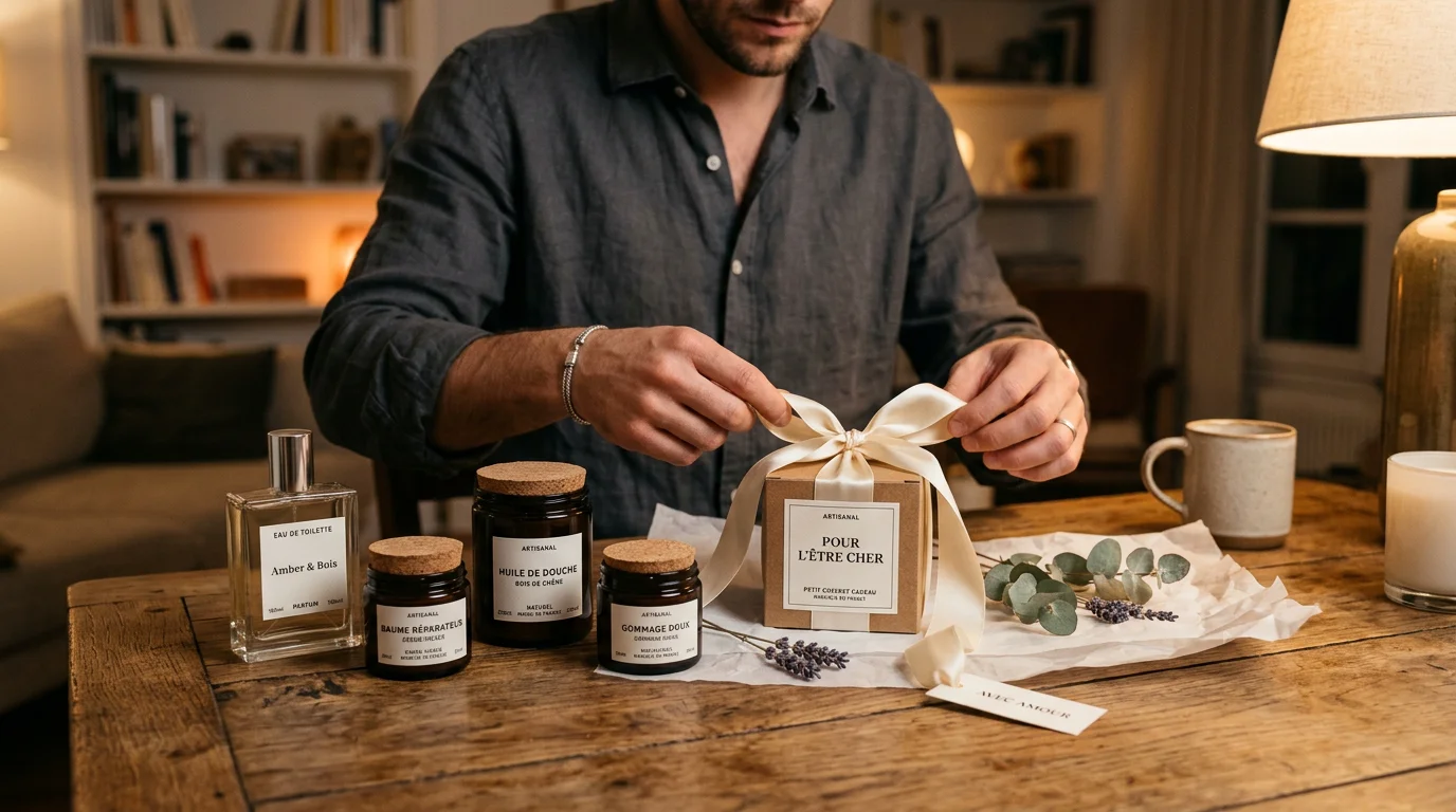 Composition d'un coffret cadeau personnalisé pour homme avec parfum et soins naturels