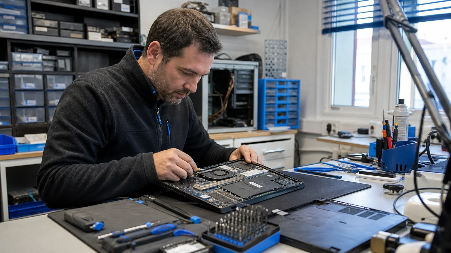 Technicien examinant un ordinateur dans un atelier de proximité
