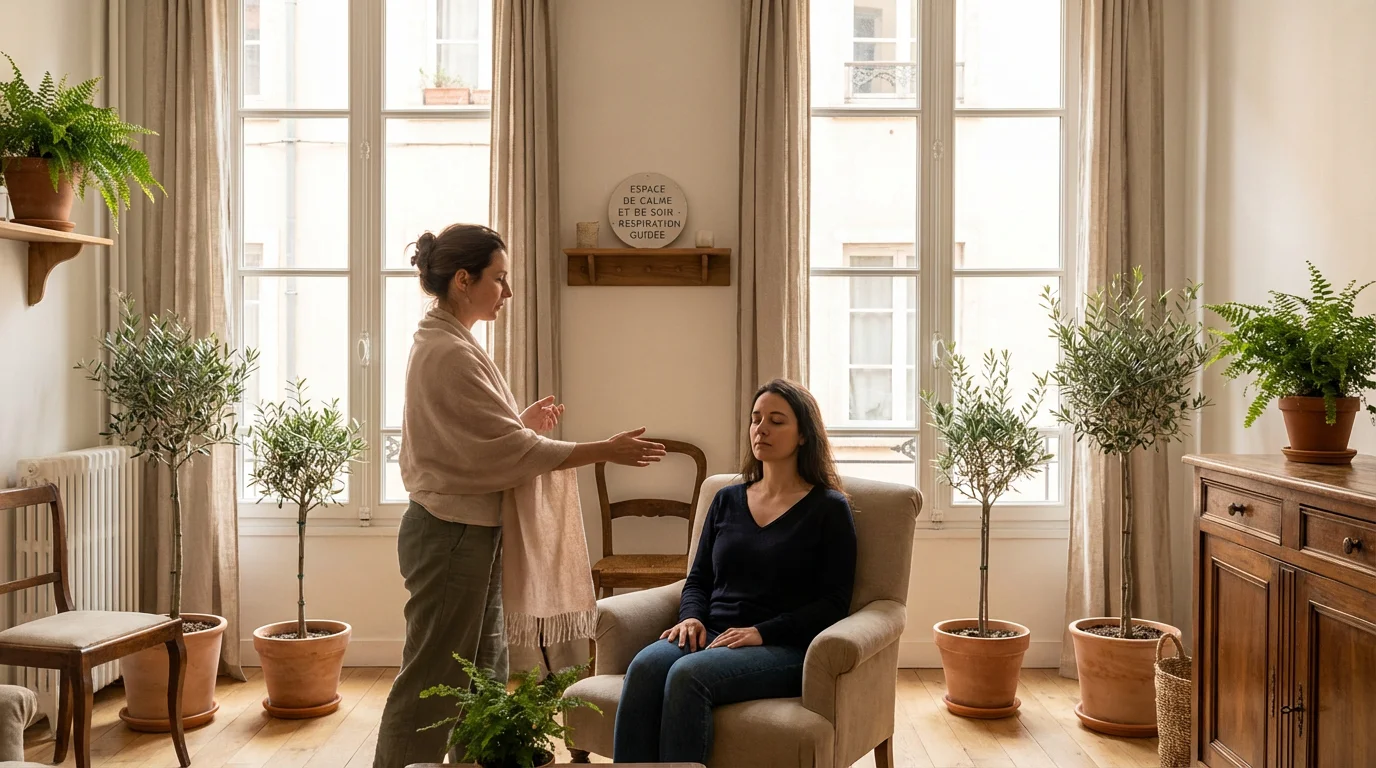 Séance de sophrologie dans un cabinet en France avec un praticien guidant un exercice de respiration