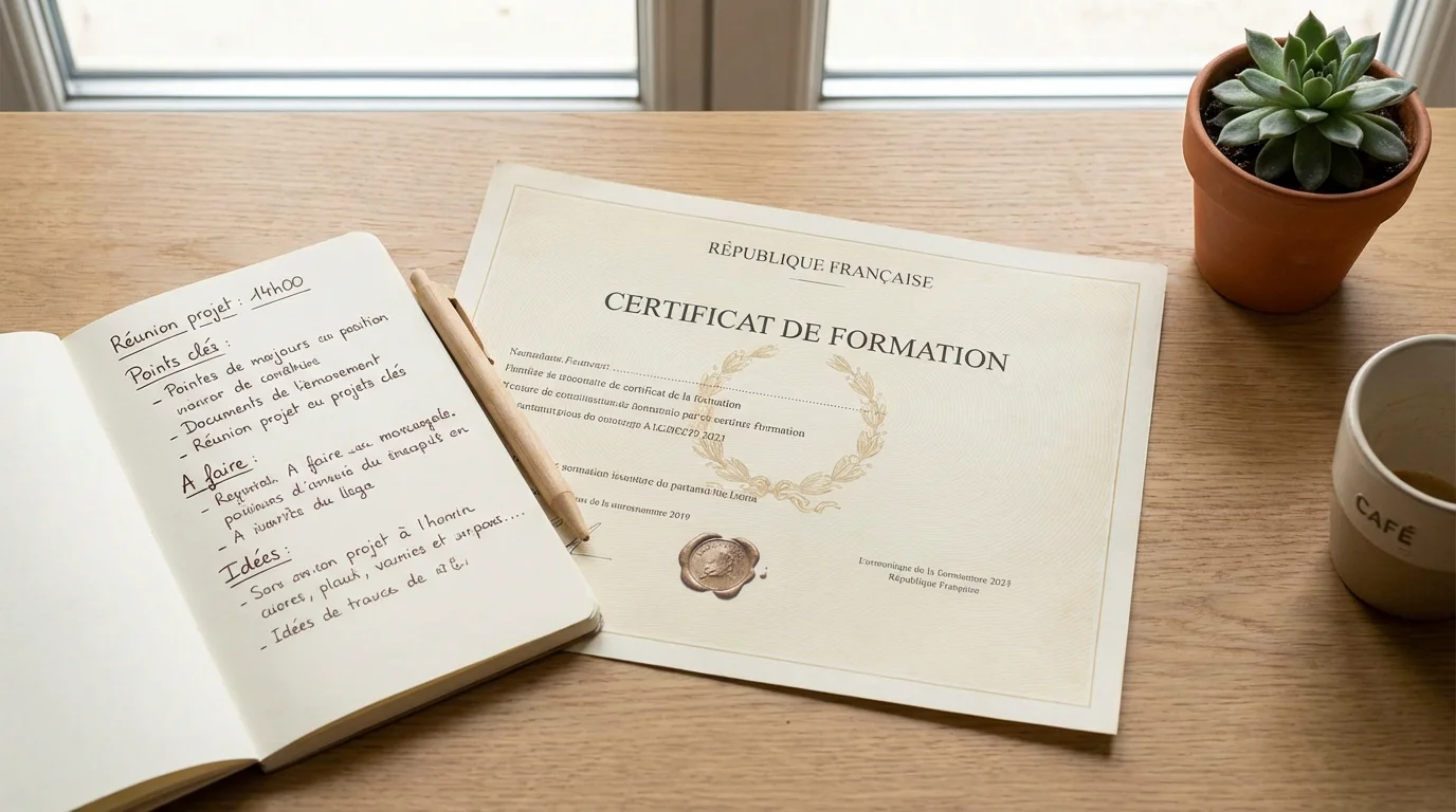Documents de certification et notes de formation sur un bureau en France