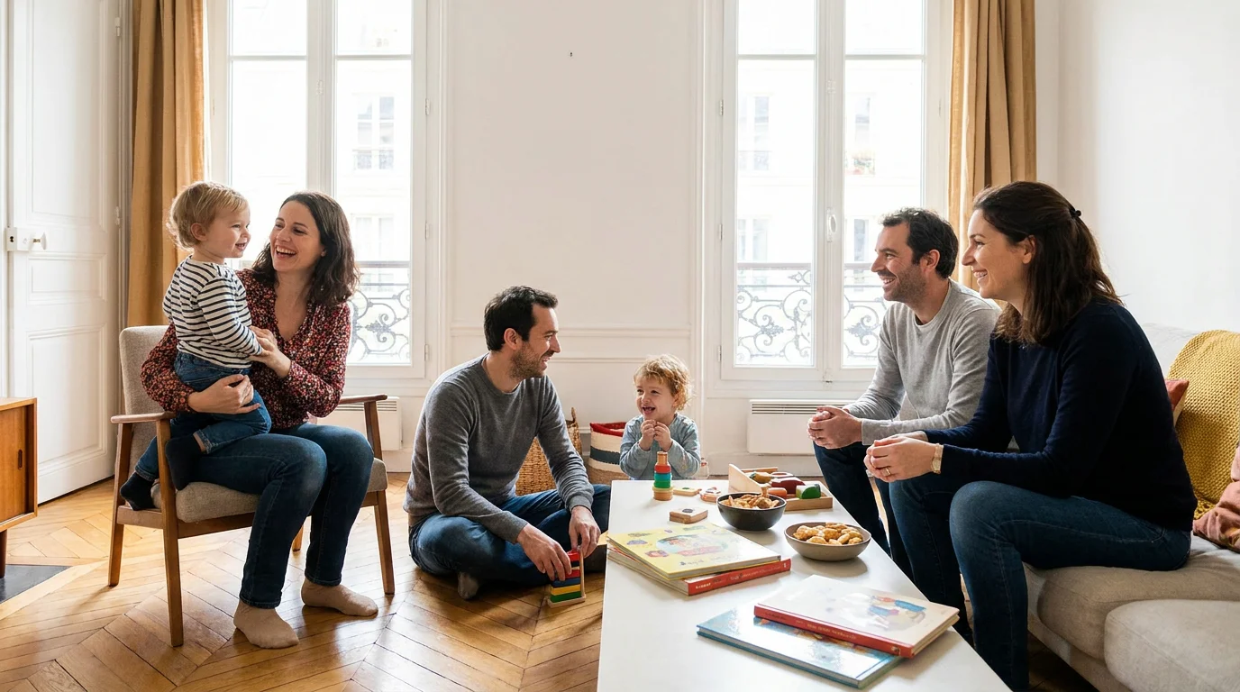 Deux familles françaises partageant la garde de leurs enfants avec une assistante maternelle