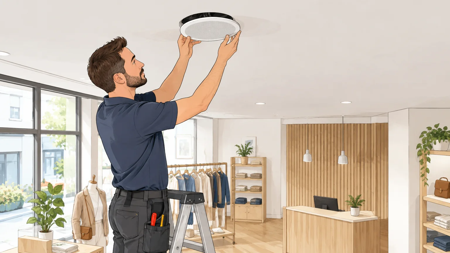 Installation d’une enceinte de plafond dans une boutique