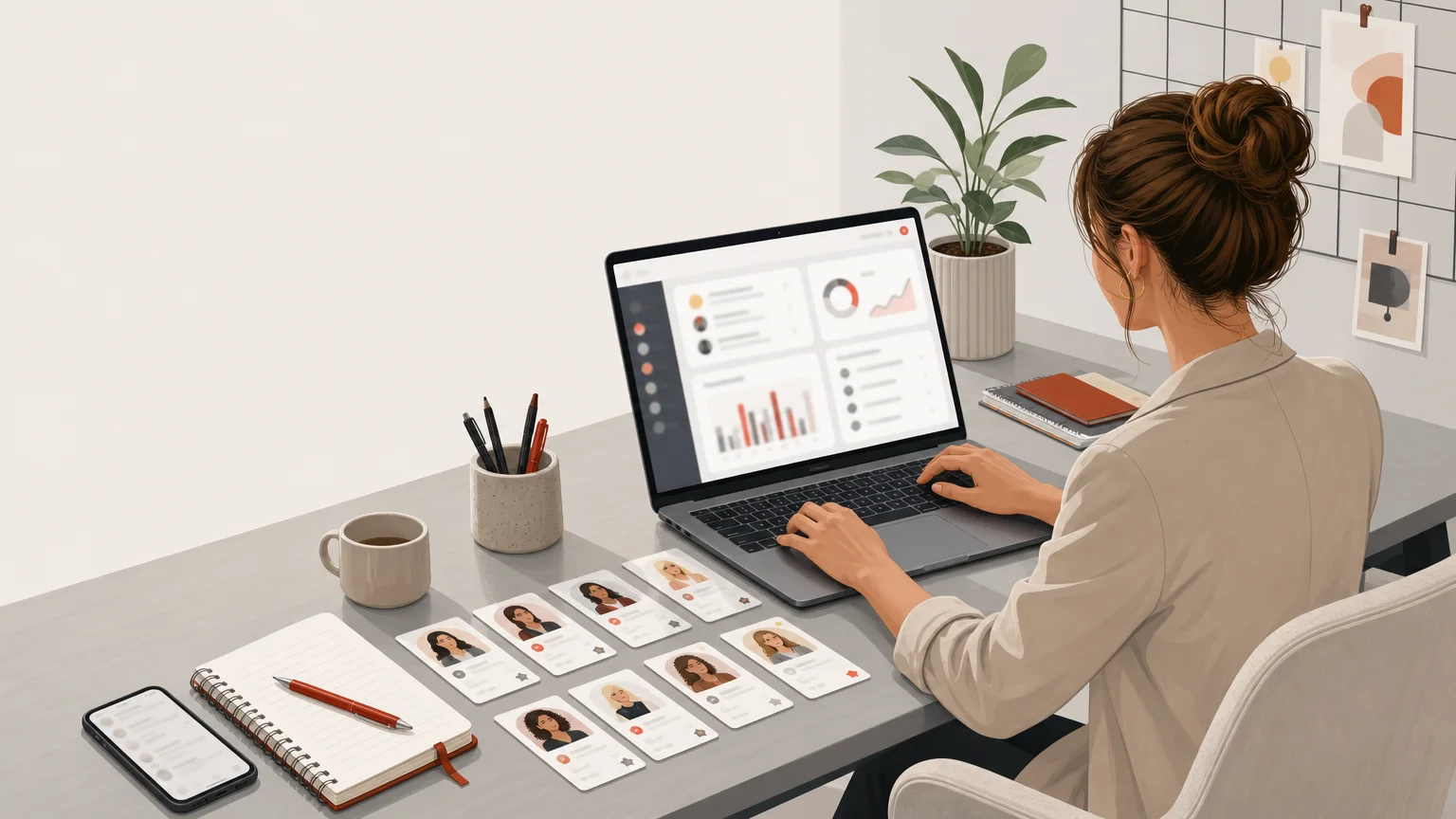 Bureau d’agence OFM moderne avec un ordinateur affichant des cartes abstraites de gestion et de conversations