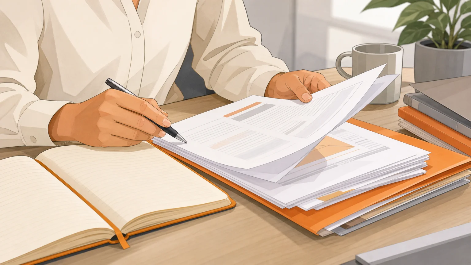 Mains consultant un rapport et prenant des notes sur un bureau juridique.
