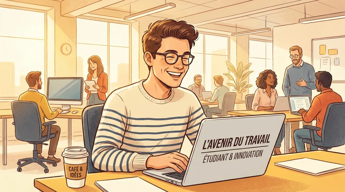 Étudiant en stage dans un open space moderne en entreprise