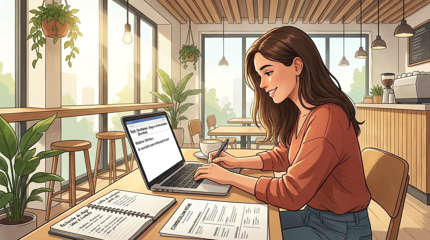 Étudiante rédigeant une candidature spontanée pour un stage sur son ordinateur