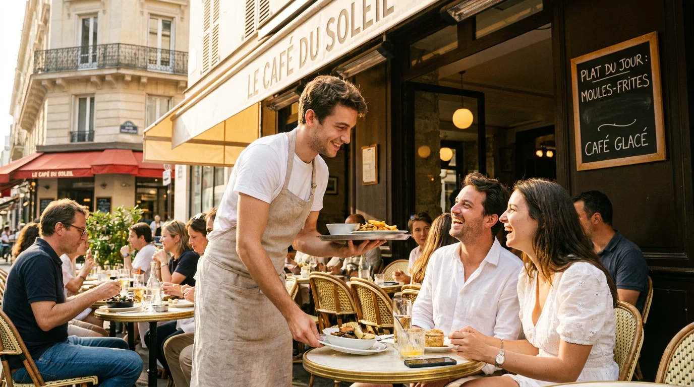 Jeune serveur en terrasse pendant un emploi saisonnier d'été en France
