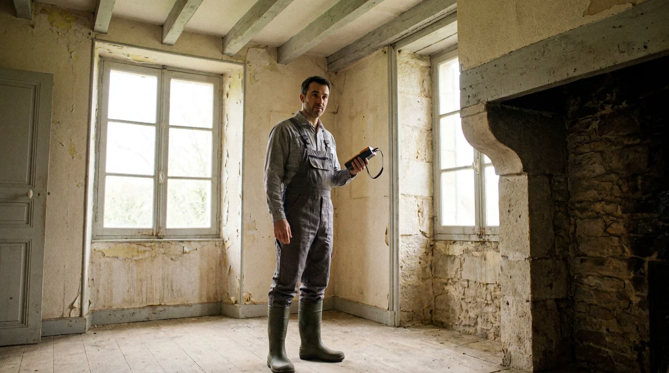 Diagnostiqueur certifié inspectant une maison individuelle avec un appareil de mesure