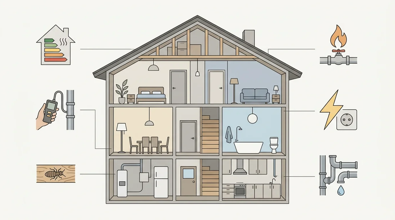 Schéma en coupe d'une maison avec les principaux diagnostics immobiliers représentés par des icônes