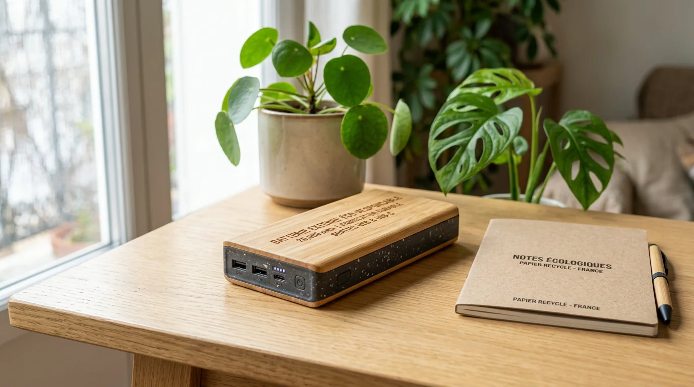 Batterie externe en bambou et matériaux recyclés posée sur un bureau en bois