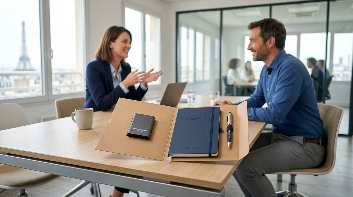 Welcome pack d'entreprise contenant une batterie externe sur une table de réunion
