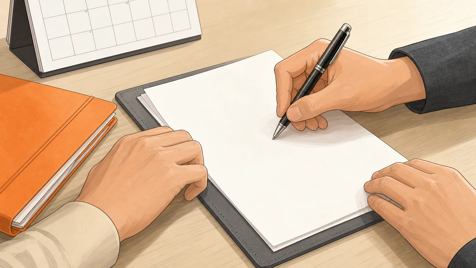 Gros plan de mains signant un document parental sur un bureau juridique.
