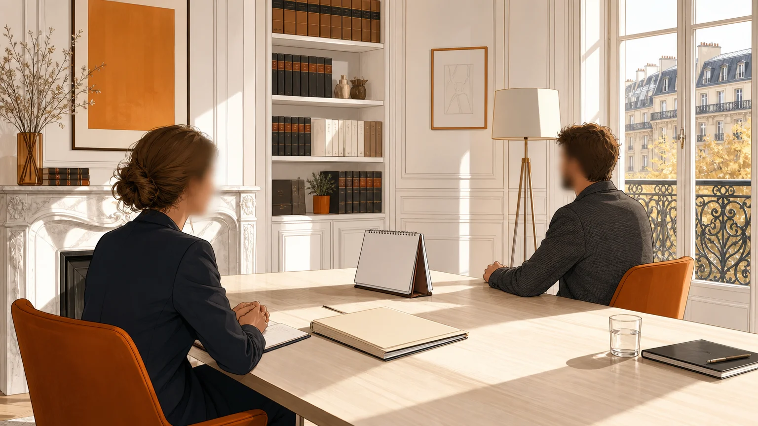 Deux parents discutant calmement autour d’une table dans un bureau juridique.