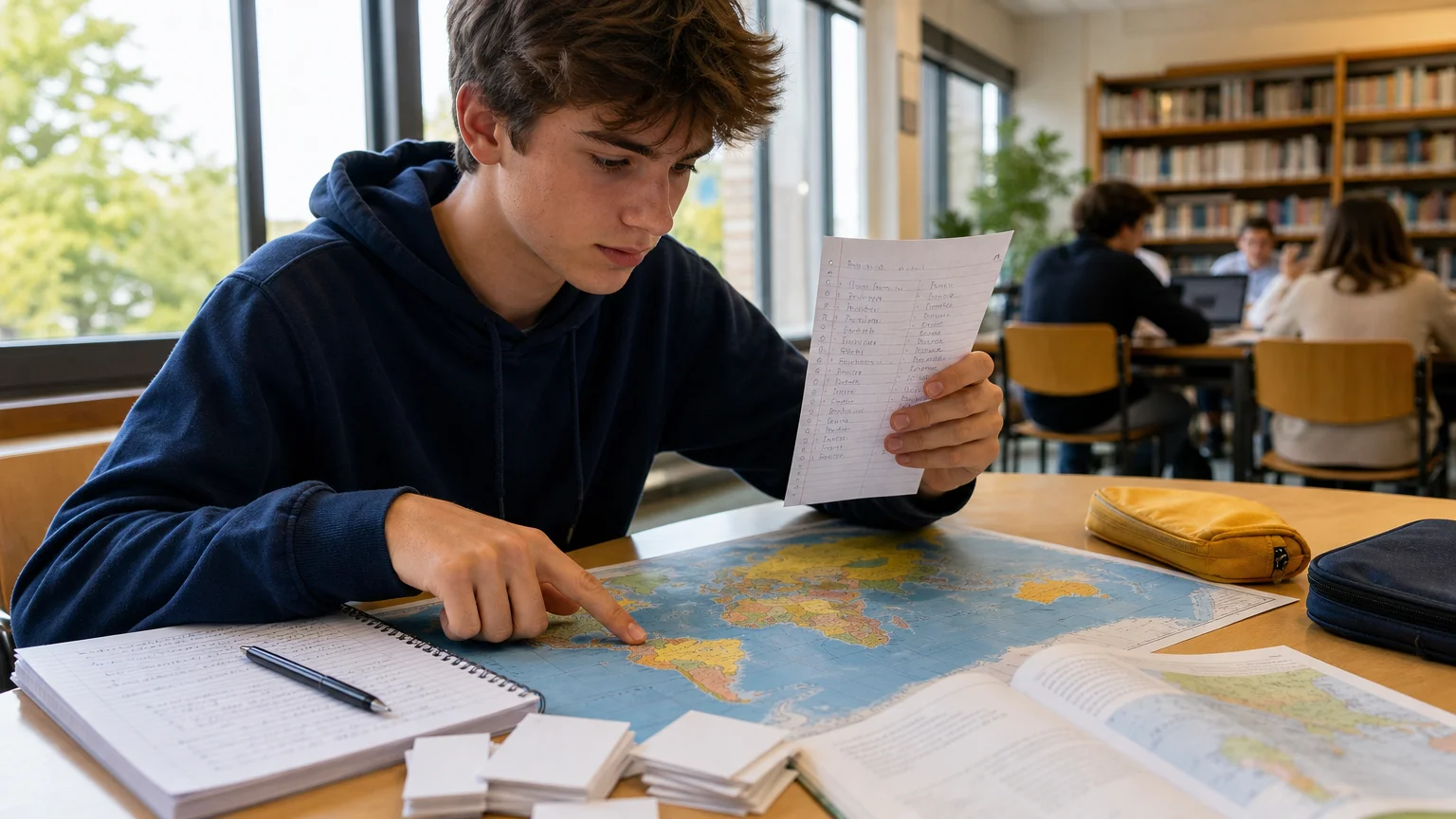 Student practising world capitals with a map and quiz cards