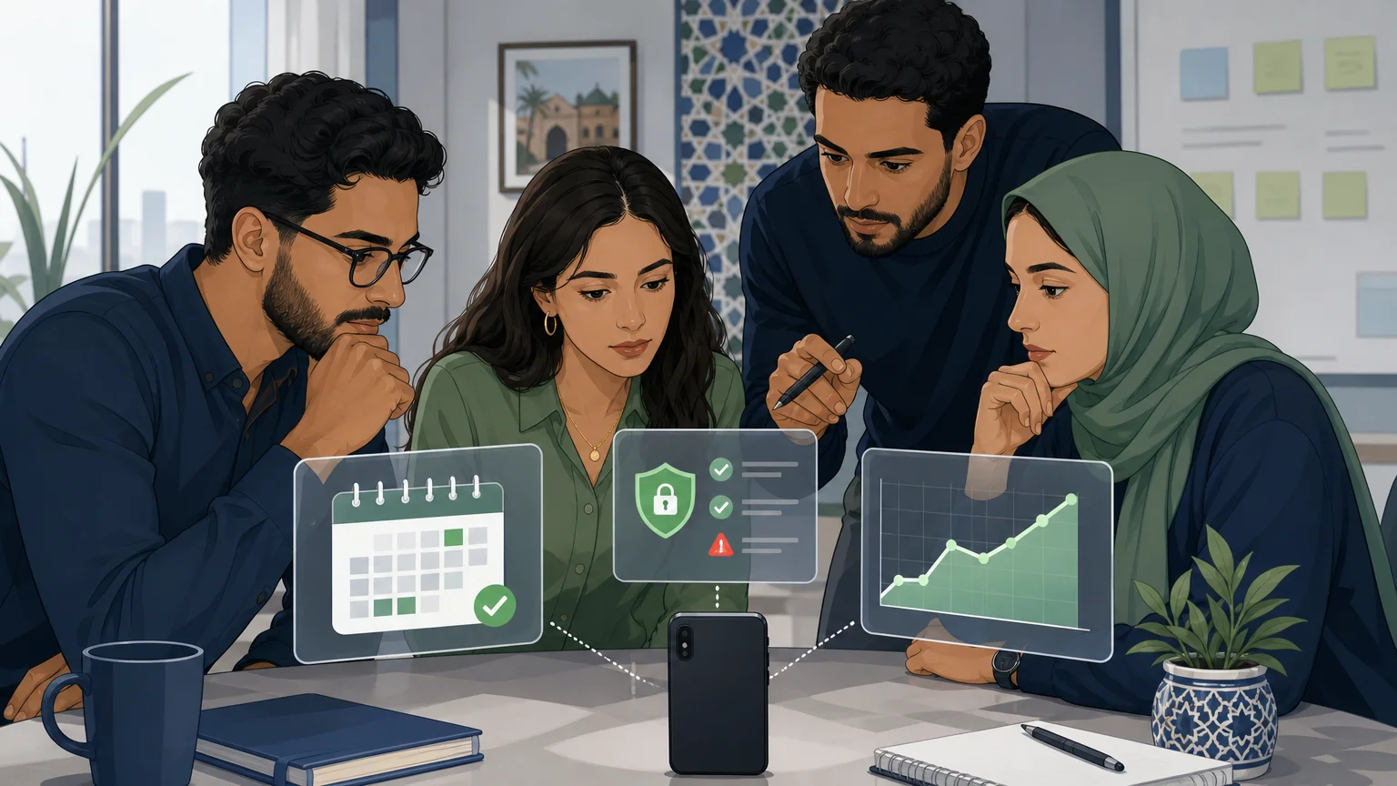 Équipe technique analysant les besoins de maintenance d’une application mobile