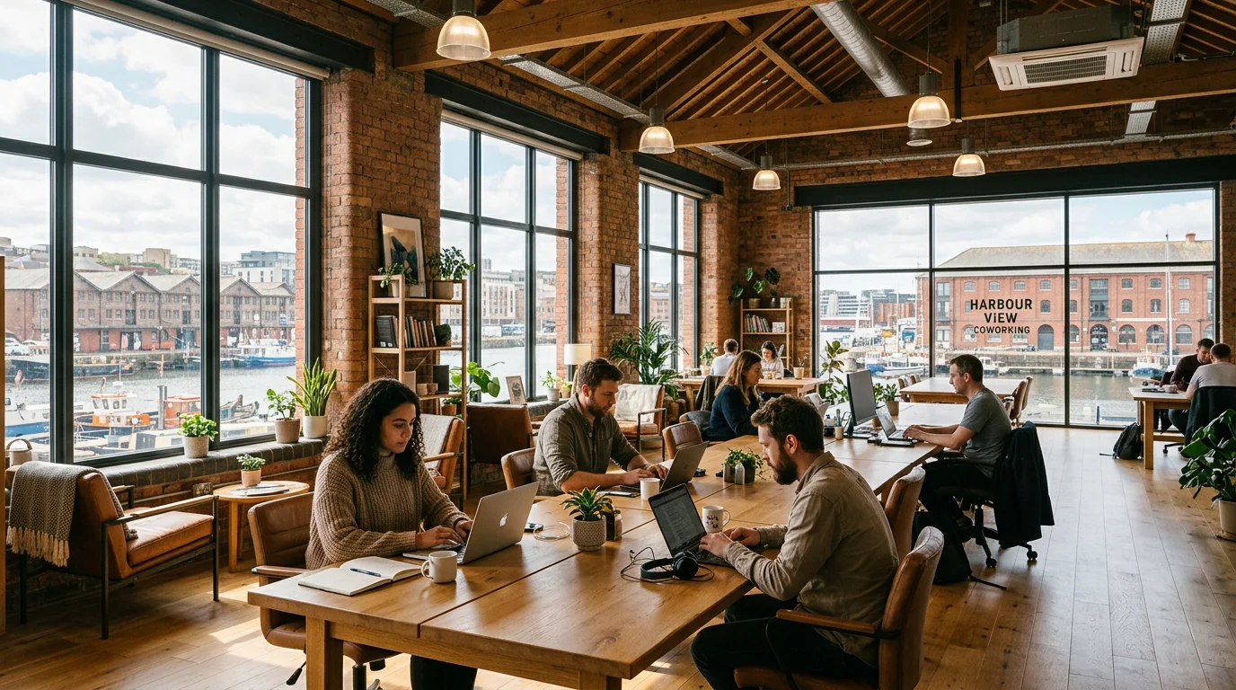 A bright modern coworking space with shared desks and large windows in a British city