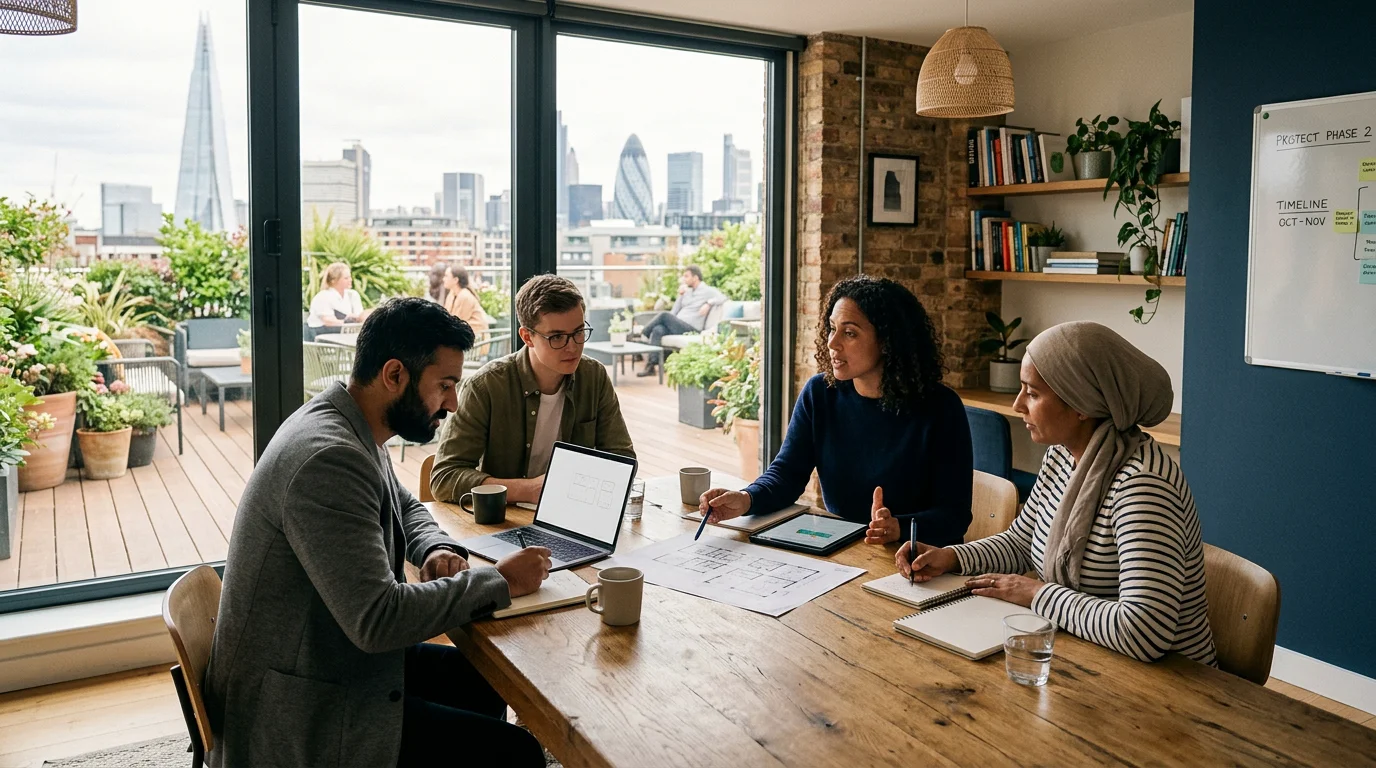 A small team collaborating in a private office beside a rooftop terrace in a coworking building