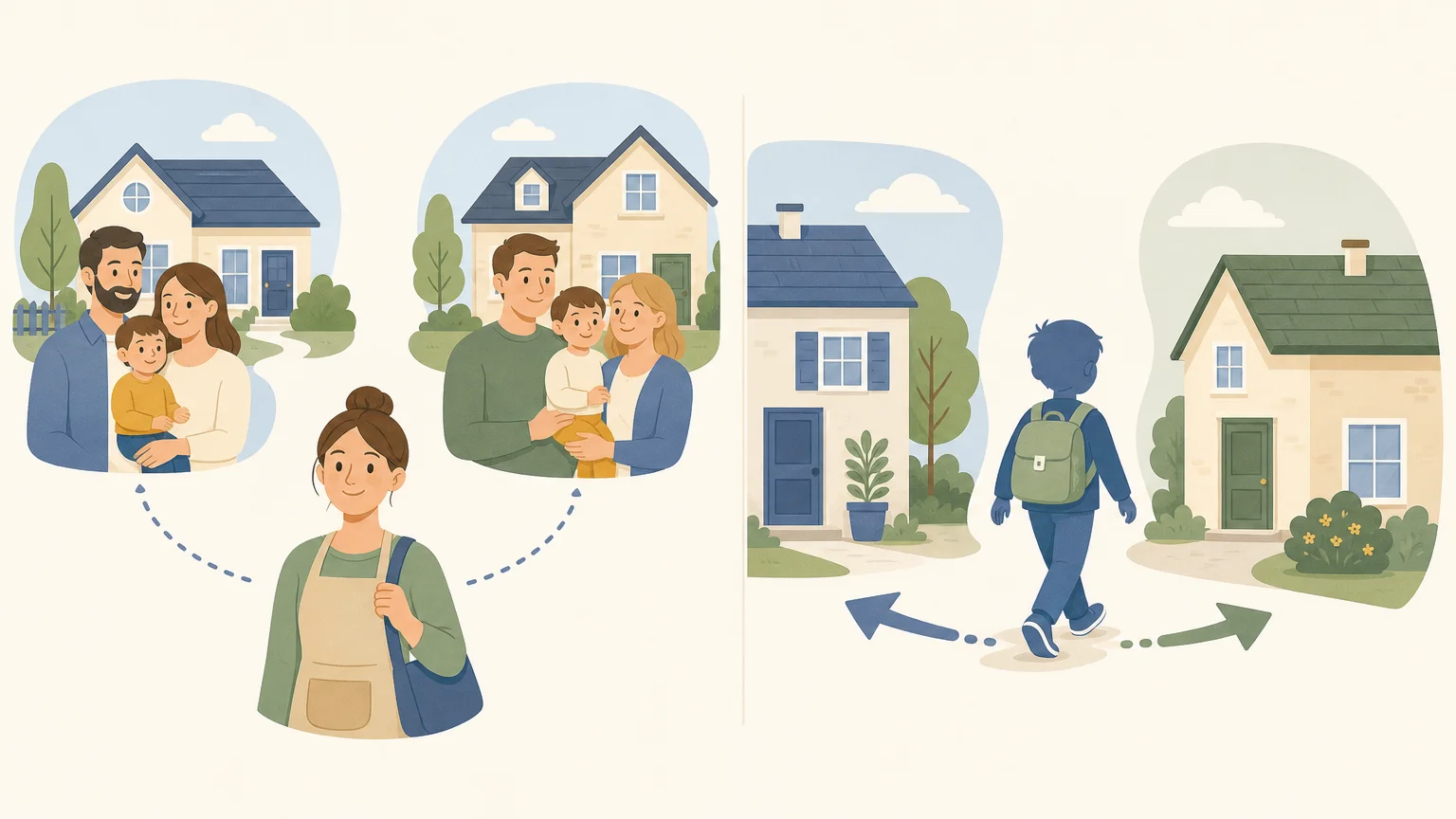 Illustration distinguant la garde partagée entre familles de la résidence alternée entre parents