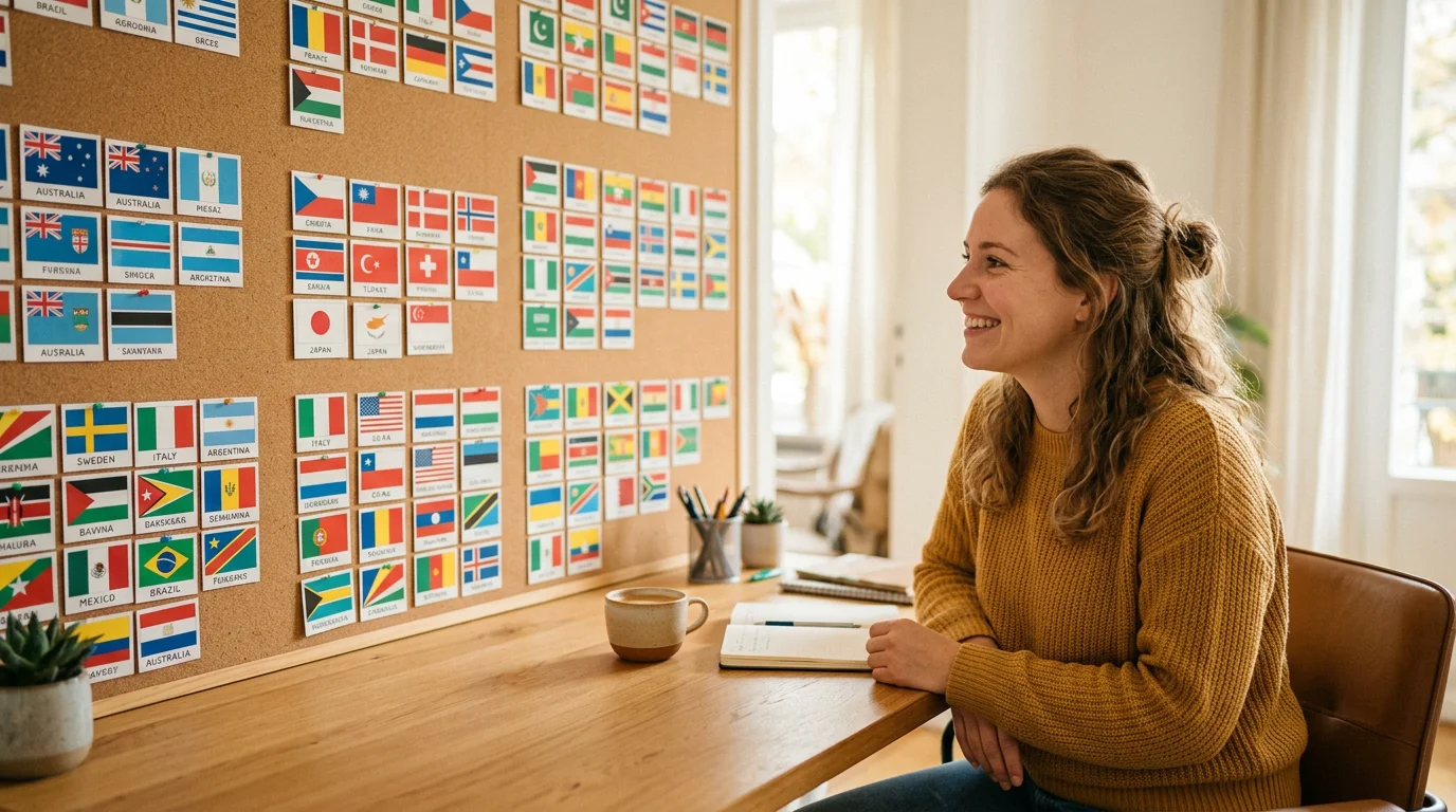 Woman grouping colorful world flag cards by pattern on a desk