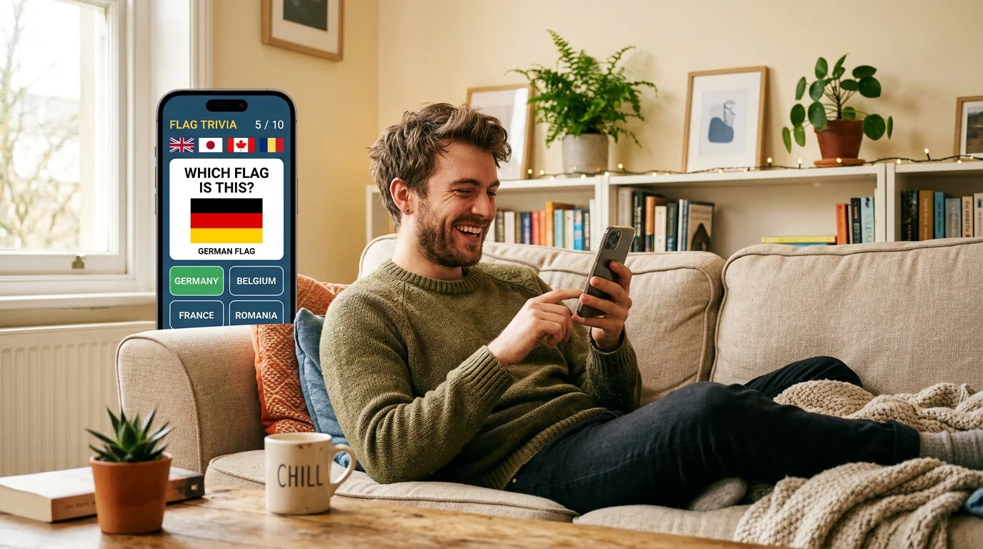 Man smiling while playing a flag guessing game on his phone