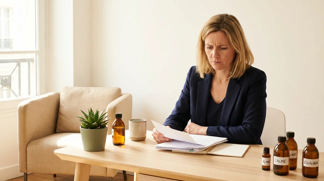 Thérapeute holistique européenne réfléchissant à la structuration de son activité dans son cabinet