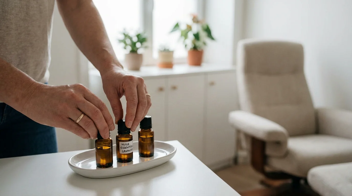 Flacons d'huiles essentielles disposés par un thérapeute holistique pour un protocole olfactif en séance
