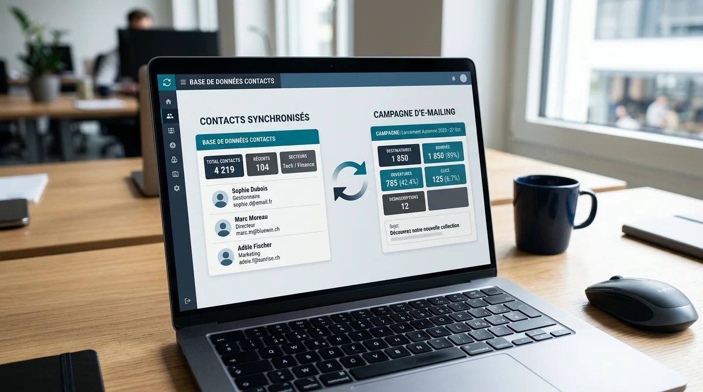Écran illustrant la synchronisation des contacts entre un ERP et un outil d'emailing